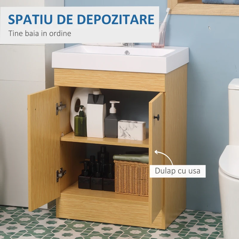 Kleankin Dulap de baie sub lavoar din PAL cu rafturi reglabile si chiuveta curbata din piatra artificiala, 60x41,5x88 cm, culoare alb si lemn