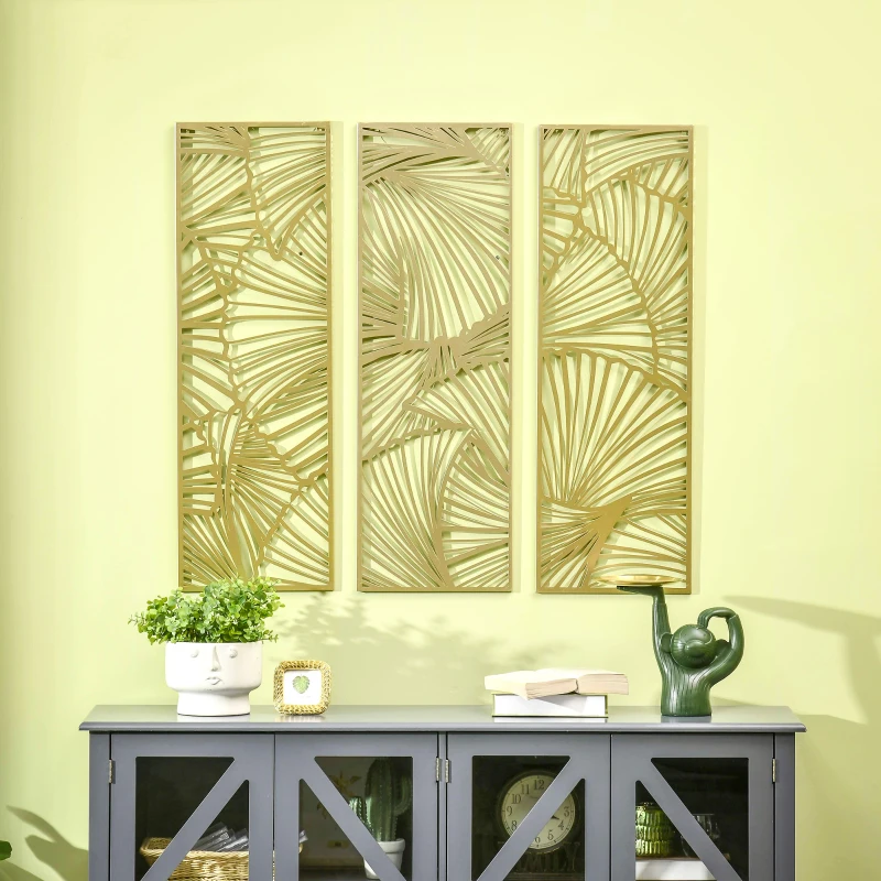 HOMCOM Decor de perete din metal , 3 piese, frunze aurii, 30 x 90 cm