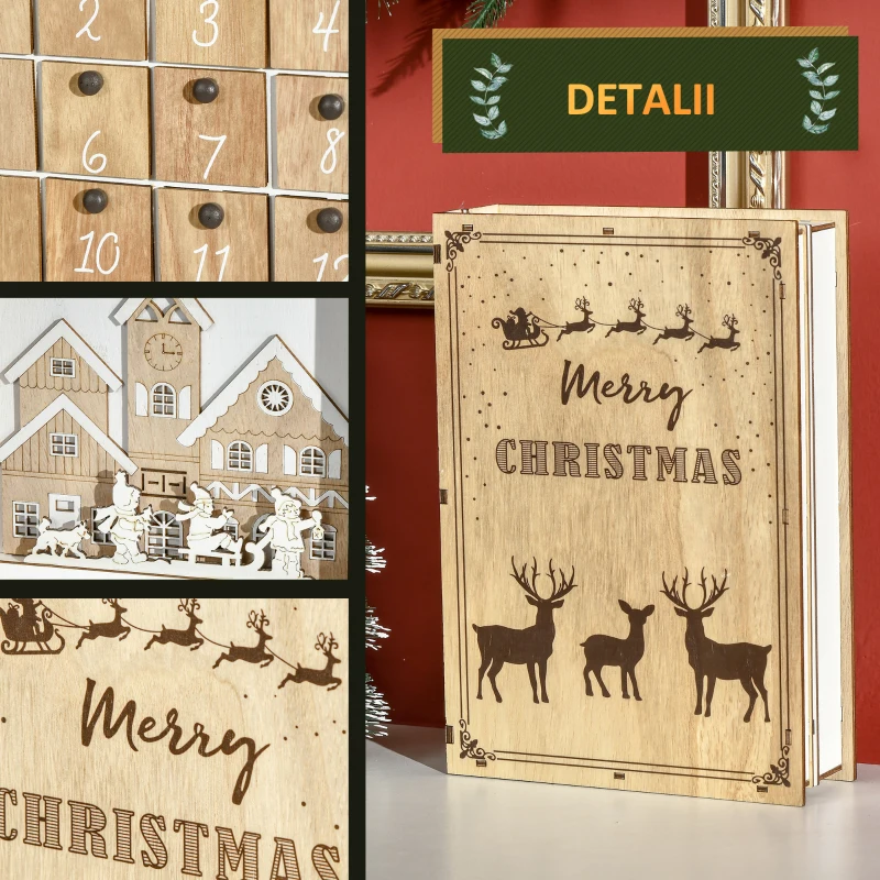 HOMCOM Calendar de Advent de Craciun in forma de carte cu decoratiuni tematice, 22x7x32 cm, din placaj, culoare alb si lemn