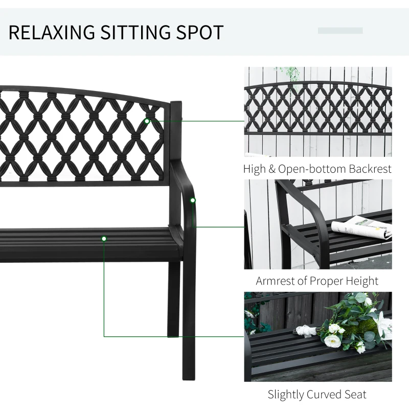 Outsunny Bancuta de gradina 2 locuri cu brate in otel si fonta, 128x58.5x89cm, negru