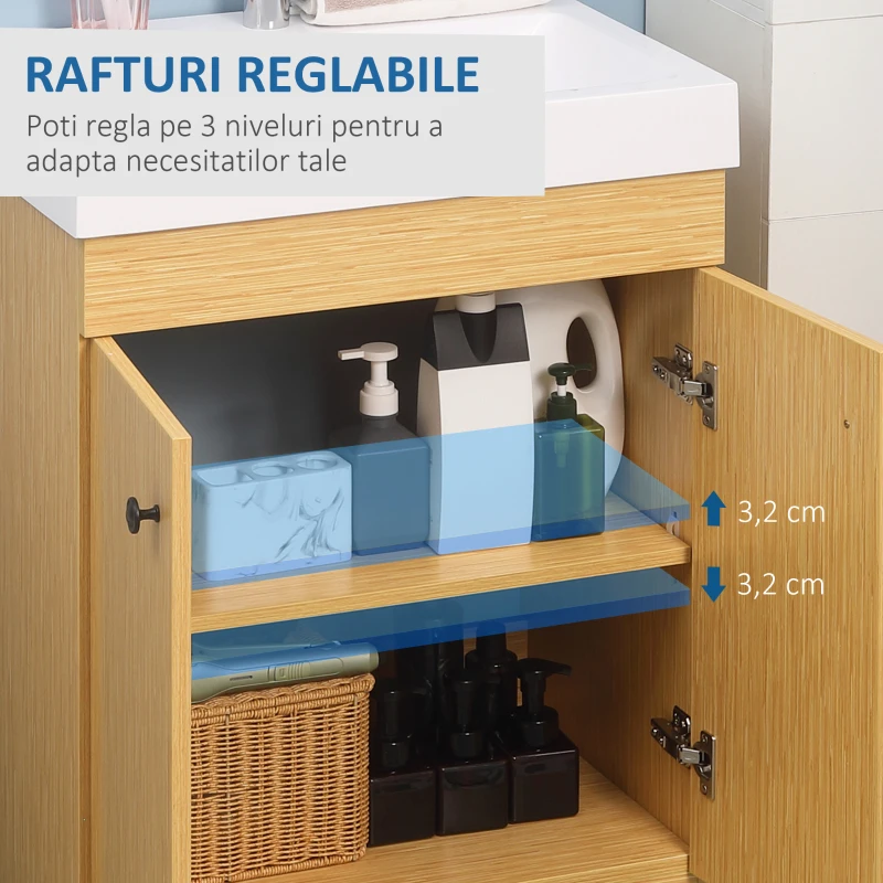 Kleankin Dulap de baie sub lavoar din PAL cu rafturi reglabile si chiuveta curbata din piatra artificiala, 60x41,5x88 cm, culoare alb si lemn