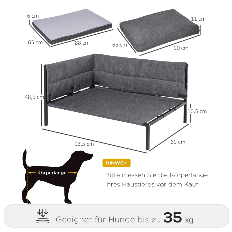 PawHut Hundesofa mit 2 Kissen Hundebett mit Metallgestell Hundecouch Haustierbett Hundematte für große Hunde bis zu 35 kg atmungsaktiv Grau 93,5 x 69 x 48,5 cm