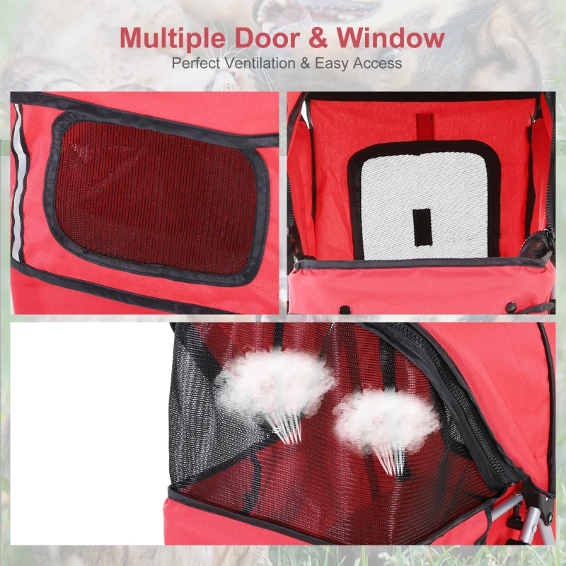 PawHut Pet Travel Stroller Cat Dog Pushchair Trolley Puppy Jogger Foldable Carrier Zipper Entry Three Wheels (Red)