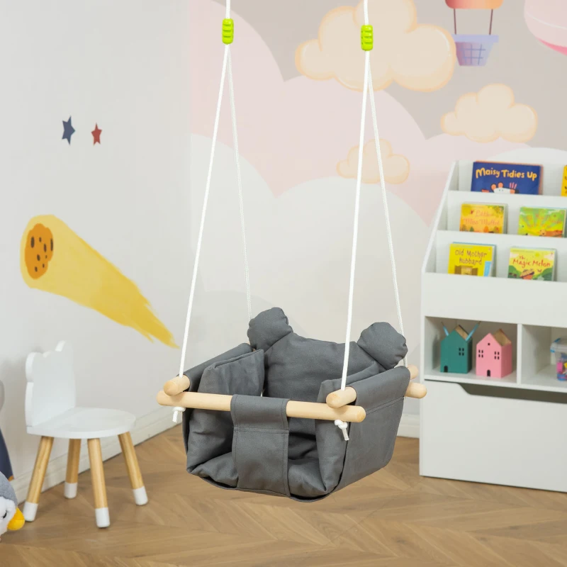 Outsunny Babyschaukel Kinderschaukel mit Sitzkissen Kleinkindschaukel Babysitz längenverstellbare Seile Baumwolle Hartholz Grau 40 x 40B x 180H cm
