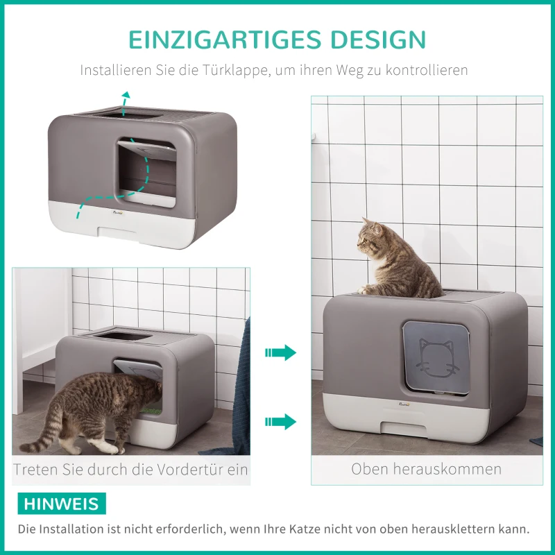 Pawhut Katzentoilette mit Haube 2 Ausgänge Haustiertoilette Katzenklo herausnehmbare Bodenwanne Grau 53 x 40 x 40 cm
