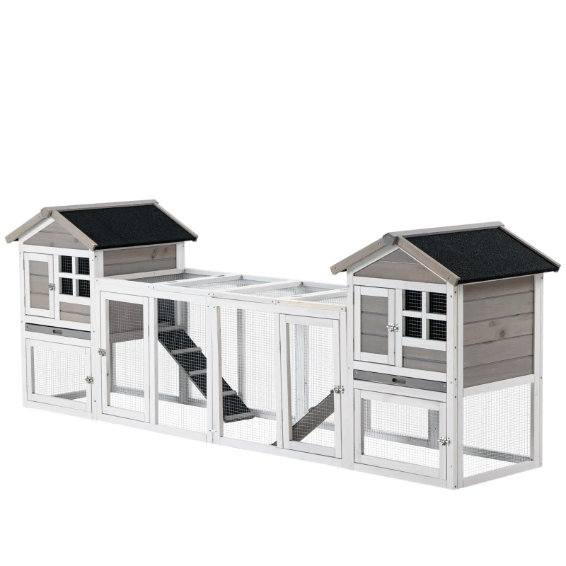 PawHut konijnenhok combinatie konijnenhok XXL hok voor cavia's met vrijloop oprit twee verdiepingen voor 2-4 konijnen dennenhout asfalt 259 x 64 x 92 cm