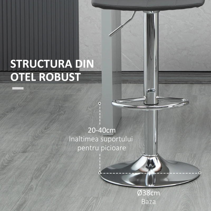 HOMCOM Set de 2 scaune de bar din piele cu spatar, scaune pivotante pentru bucatarie si sufragerie cu suport pentru picioare, 42x45x89-110cm, gri