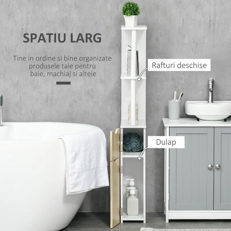 Kleankin Coloana de baie cu 2 rafturi si 2 dulapuri, dulap de baie cu economie de spatiu mare din MDF, 15,2x29,8x118cm, alb si lemn