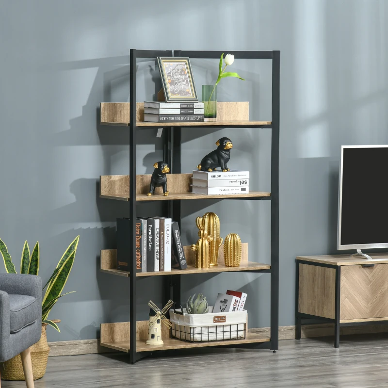 HOMCOM Estante de 4 Níveis Estante com Espaço de Armazenamento e Sistema Anti-Tombo 90x39x160cm Preto e Carvalho
