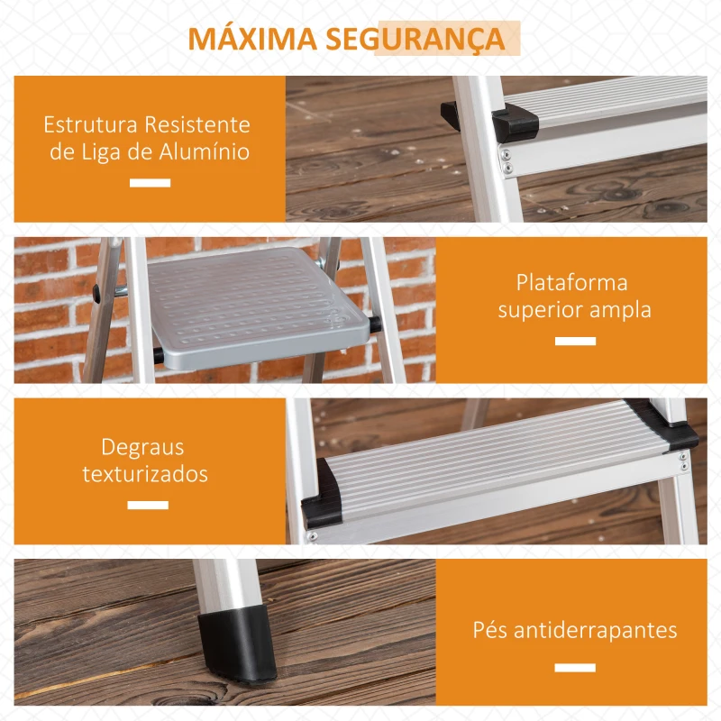 DURHAND Escada Dobrável de Alumínio com Bandeja Magnética Escada de 4 Degraus com Base Antiderrapante 44x89x143cm Prata