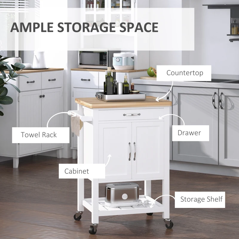 HOMCOM carucior de bucatarie din lemn alb, 65x48x90cm