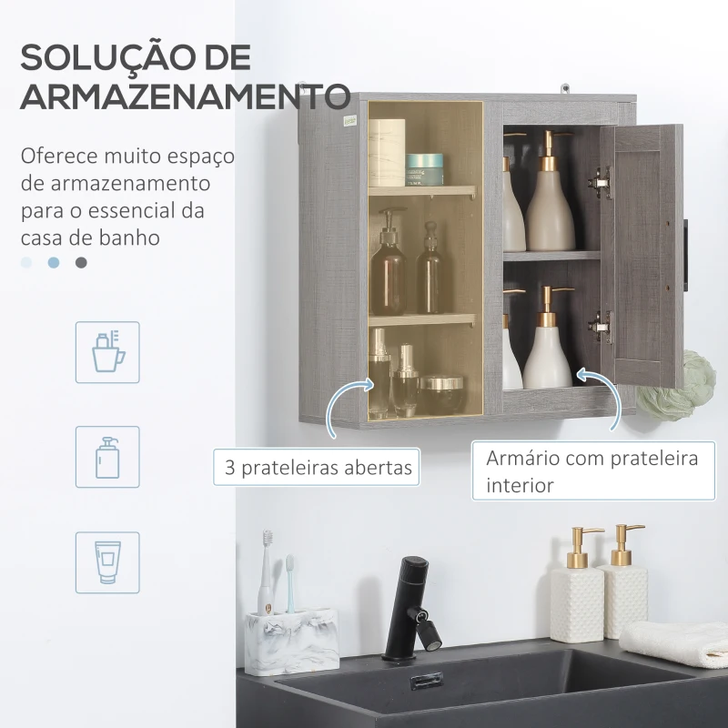 kleankin Armário Casa de Banho de Parede com 3 Prateleiras Abertas 1 Armário Móvel Auxiliar de Parede para Casa de Banho 48x20x50cm Cinza