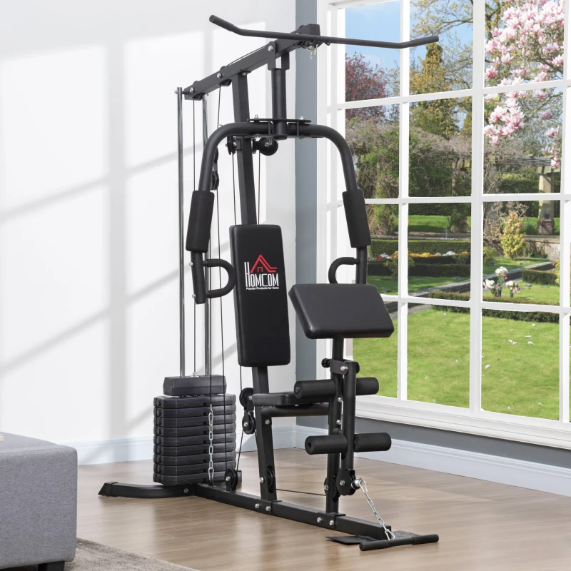 HOMCOM Stacja treningowa z blokiem ciężarów 45 kg, 180 x 108 x 200cm, stal, czarna