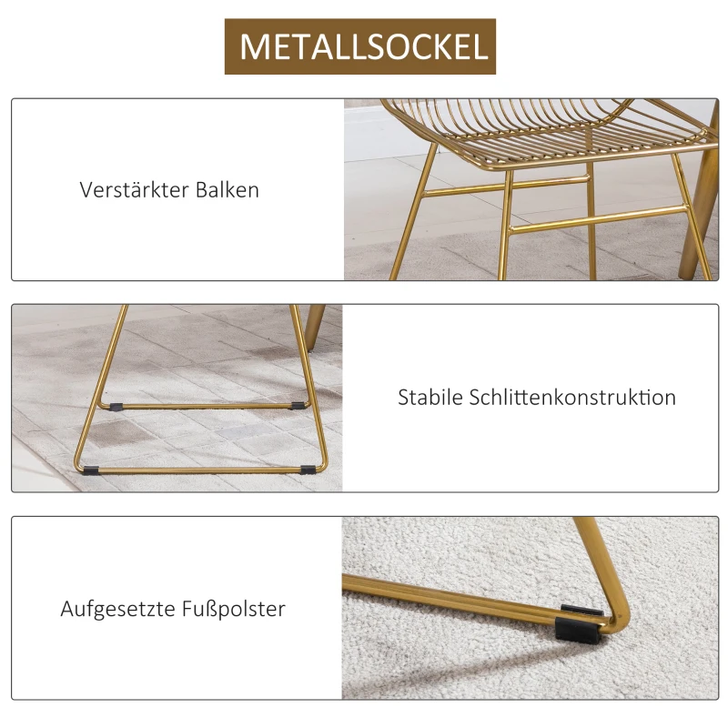 HOMCOM 2er-Set Esszimmerstühle Küchenstühle mit Rückenlehne und Anti-Rutsch-Füßen für Wohnzimmer Arbeitszimmer und Café Ratten Design luxuriös modern Metall Gold 46x56x80 cm