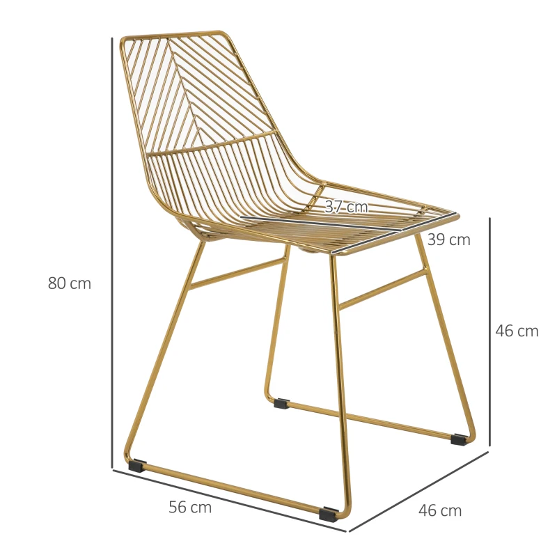 HOMCOM 2er-Set Esszimmerstühle Küchenstühle mit Rückenlehne und Anti-Rutsch-Füßen für Wohnzimmer Arbeitszimmer und Café Ratten Design luxuriös modern Metall Gold 46x56x80 cm