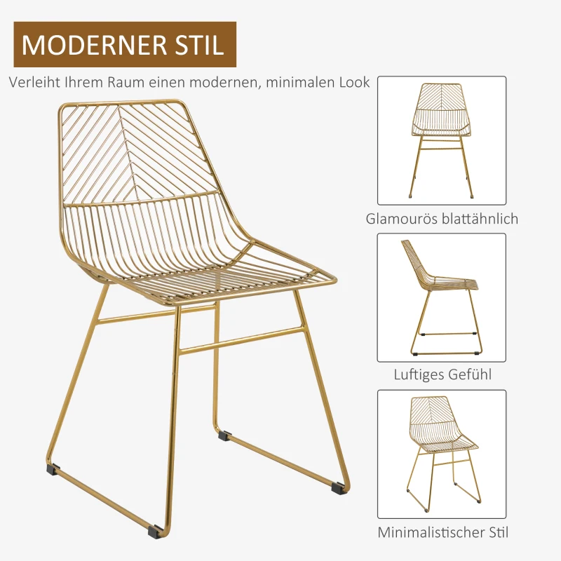 HOMCOM 2er-Set Esszimmerstühle Küchenstühle mit Rückenlehne und Anti-Rutsch-Füßen für Wohnzimmer Arbeitszimmer und Café Ratten Design luxuriös modern Metall Gold 46x56x80 cm