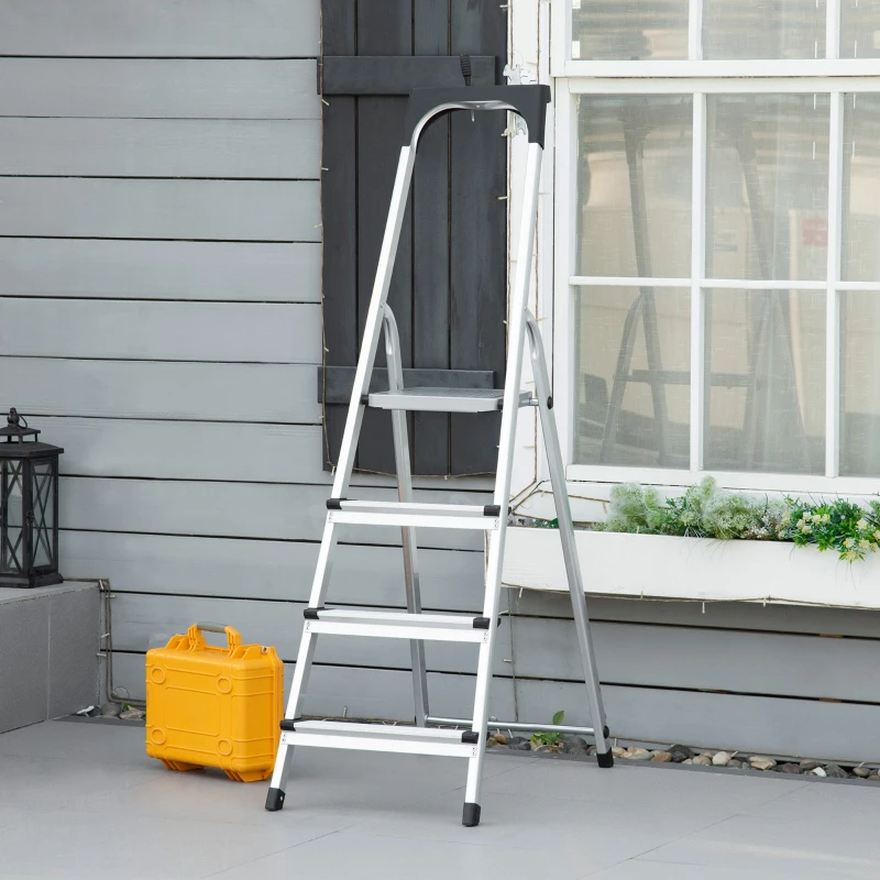 DURHAND Escada Dobrável de Alumínio com Bandeja Magnética Escada de 4 Degraus com Base Antiderrapante 44x89x143cm Prata