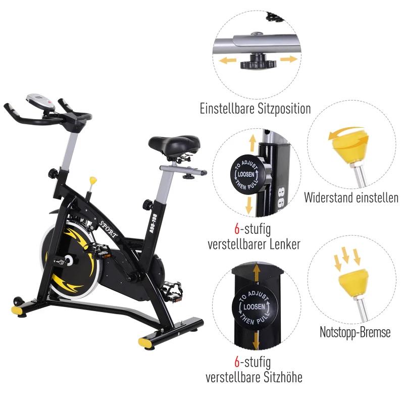 HOMCOM Fahrradtrainer Heimtrainer Fitnessfahrrad mit stufenlosem Widerstand, 10kg Schwungrad, LCD-Display, Indoor Cycling Bike, Höhenverstellbar, Stahl, Schwarz+Gelb, 47 x120 x 104,5-117 cm