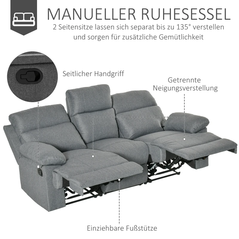 HOMCOM 3-Sitzer Fernsehsofa Relaxsofa Liegefunktion Fernsehcouch TV-Sofa Relaxsessel 180° verstellbar Leinen Dunkelgrau 198 x 86 x 97 cm