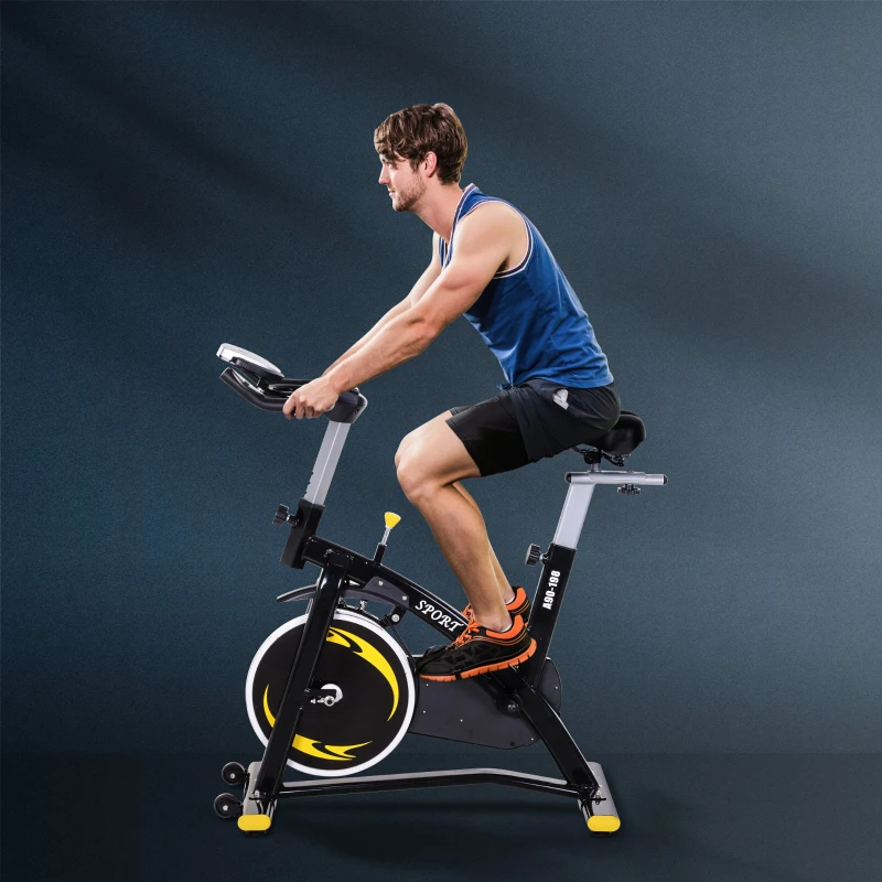 HOMCOM Fahrradtrainer Heimtrainer Fitnessfahrrad mit stufenlosem Widerstand, 10kg Schwungrad, LCD-Display, Indoor Cycling Bike, Höhenverstellbar, Stahl, Schwarz+Gelb, 47 x120 x 104,5-117 cm