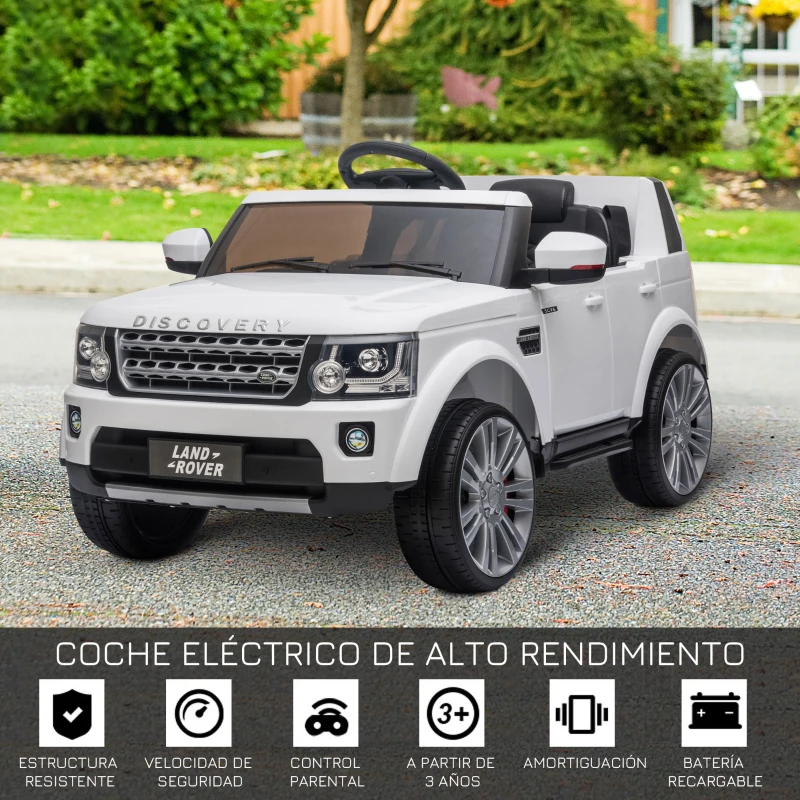 HOMCOM Coche Eléctrico para Niños de +3 Años Landrover con Licencia Control Remoto Batería 12V y 2 Motores Velocidad de 3-5 km/h 102,5x69x55,4 cm Blanco
