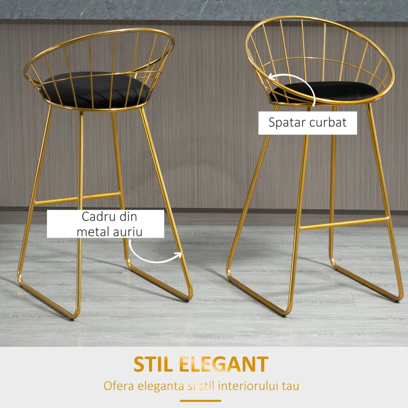 HOMCOM Set 2 Scaune Inalte, Suport pentru picioare, Perna de catifea, Poliester/Metal, 52.5x47x97cm, Negru/Auriu