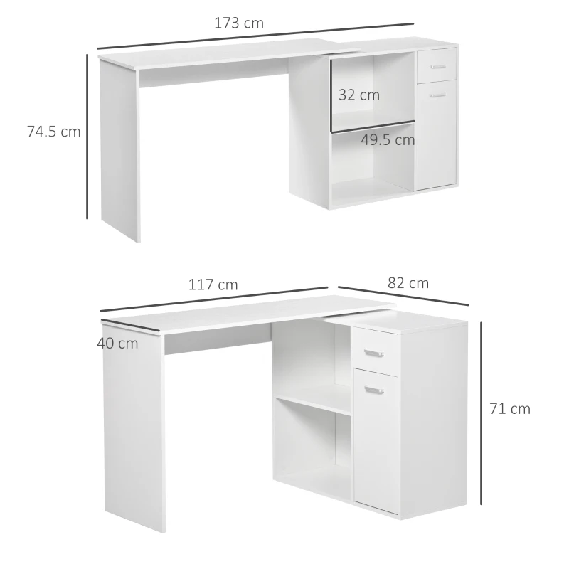 HOMCOM birou unghiular cu doua forme, 117x82x74 cm, alb(m-3)