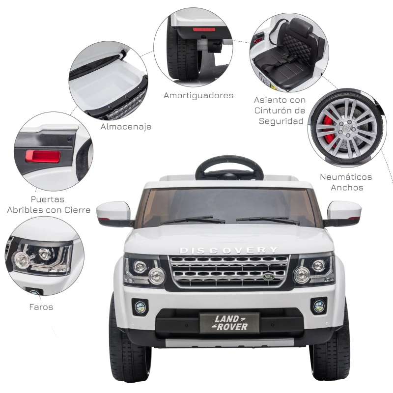 HOMCOM Coche Eléctrico para Niños de +3 Años Landrover con Licencia Control Remoto Batería 12V y 2 Motores Velocidad de 3-5 km/h 102,5x69x55,4 cm Blanco