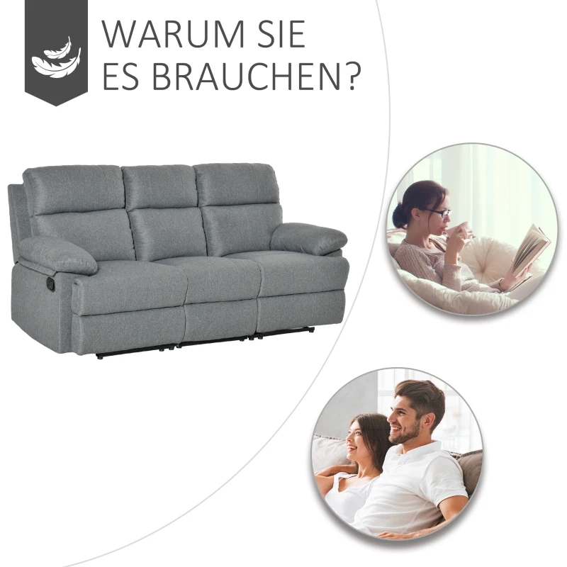HOMCOM 3-Sitzer Fernsehsofa Relaxsofa Liegefunktion Fernsehcouch TV-Sofa Relaxsessel 180° verstellbar Leinen Dunkelgrau 198 x 86 x 97 cm