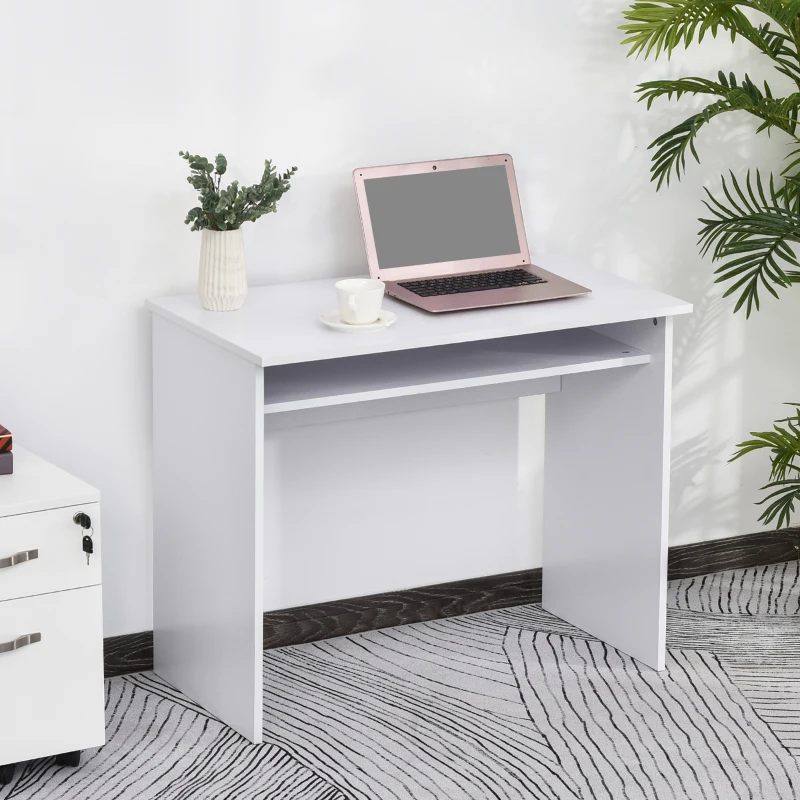 HOMCOM Modern Computer Desk, Home Office Table, Small Writing Desk with Storage Shelf, 90 x 50cm, White Wood Grain