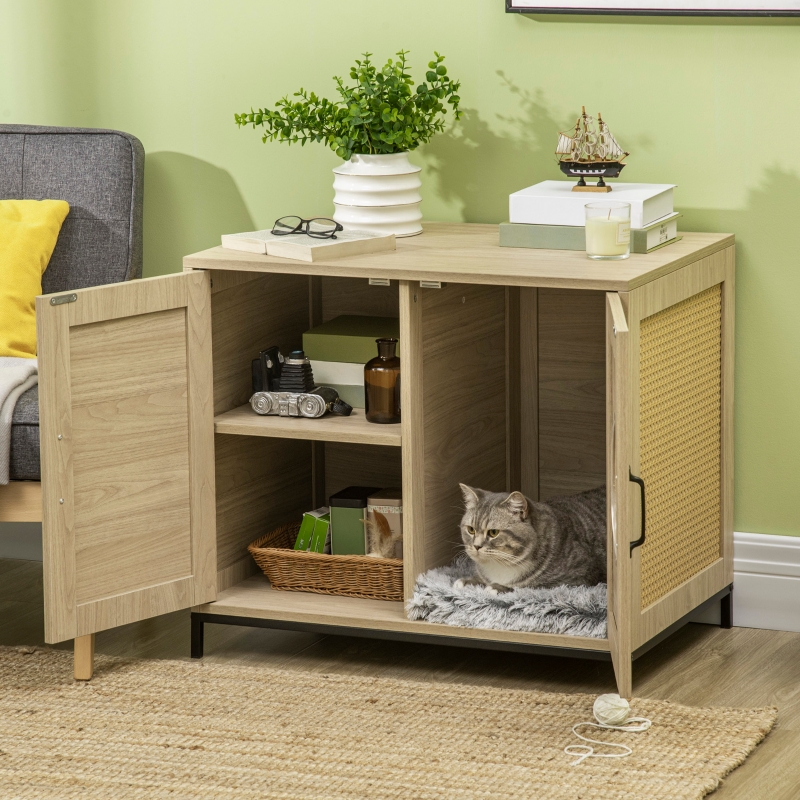 Pawhut Meuble Maison De Toilette Pour Chat 2 En 1 Avec Double Porte Chassis Acier Panneaux Particules Aspect Bois Clair Aosom France
