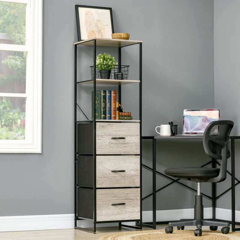 HOMCOM Industrial Storage Cabinet with 2 Open Shelves and 3 Foldable Fabric Drawers, Multifunctional Bookshelf in Living Room, Study, Bedroom, Grey