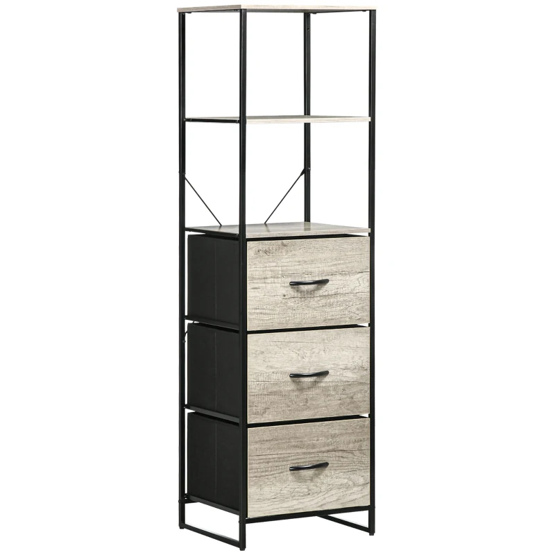 HOMCOM Industrial Storage Cabinet with 2 Open Shelves and 3 Foldable Fabric Drawers, Multifunctional Bookshelf in Living Room, Study, Bedroom, Grey