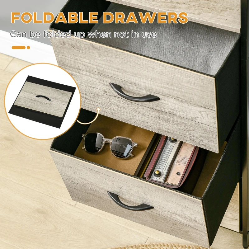 HOMCOM Industrial Storage Cabinet with 2 Open Shelves and 3 Foldable Fabric Drawers, Multifunctional Bookshelf in Living Room, Study, Bedroom, Grey