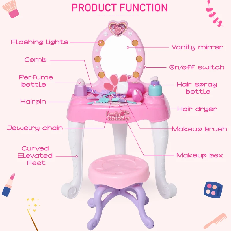 HOMCOM Kids Vanity Table Chair Set with Mirror Lights Sounds, Beauty Makeup Dressing Table Pretend Play Set for Girls 3+ Years Old