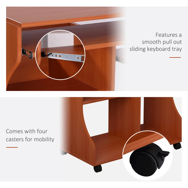 HOMCOM Multi-Storage Compact Work Desk, with Wheels - Cherry Wood Colour