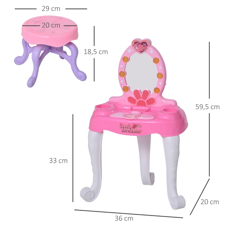 HOMCOM Kids Vanity Table Chair Set with Mirror Lights Sounds, Beauty Makeup Dressing Table Pretend Play Set for Girls 3+ Years Old