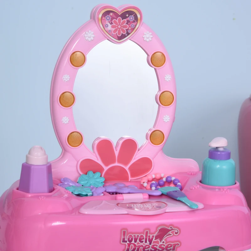 HOMCOM Kids Vanity Table Chair Set with Mirror Lights Sounds, Beauty Makeup Dressing Table Pretend Play Set for Girls 3+ Years Old