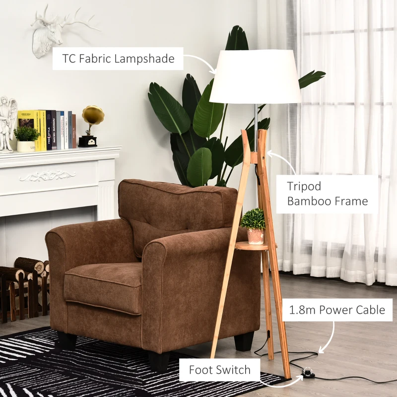 HOMCOM Natural Wooden Tripod Floor Lamp Light E27 with Base and Fabric Shade, Storage Shelf, Foot Switch, 156cm, for Bedroom Living Room, White