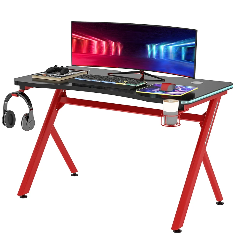 HOMCOM Small Gaming Desk, Steel Frame LED w/ Headphone & Drink Holder Black