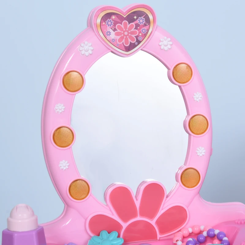 HOMCOM Kids Vanity Table Chair Set with Mirror Lights Sounds, Beauty Makeup Dressing Table Pretend Play Set for Girls 3+ Years Old
