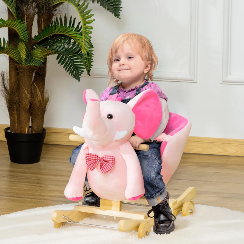 HOMCOM 2 In 1 Plush Baby Ride on Rocking Horse Elephant Rocker with Wheels Wooden Toy for Kids 32 Songs for 18+ Months (Pink)
