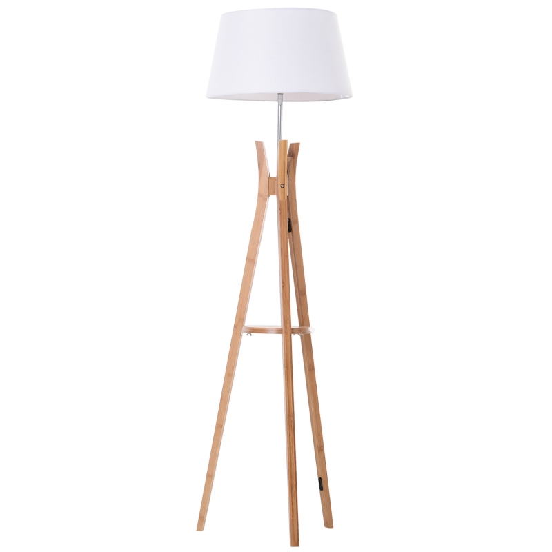HOMCOM Natural Wooden Tripod Floor Lamp Light E27 Base Bedroom Living Room Fabric Shade Storage Shelf Foot Switch, 156cm, White