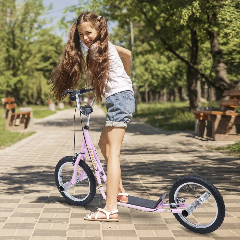 HOMCOM Big Wheel Scooter, Bicycle Scooter, for Kids, Hight Adjustable, Pneumatic 16" Tyres, Max Load 100KG,  Pink