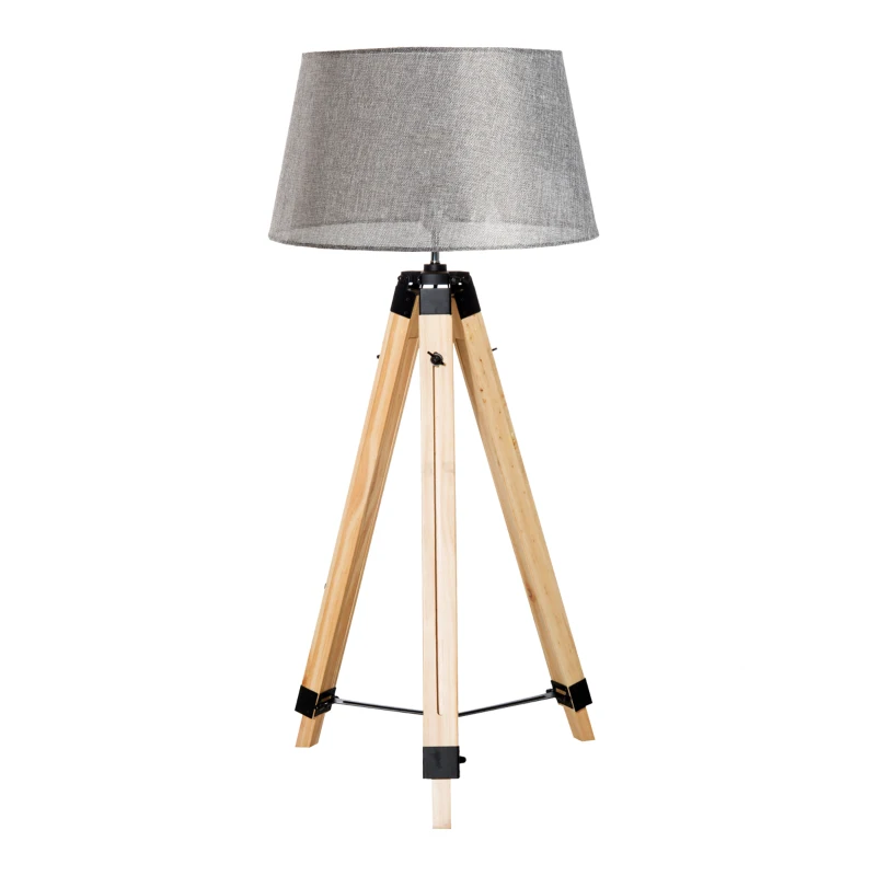 HOMCOM Floor Lights for Bedroom, Wood Floor Lamp, Grey, Tripod,for Living Room Linen Shade E27 Bulb 3.5m Electric Wire Cable Bedside