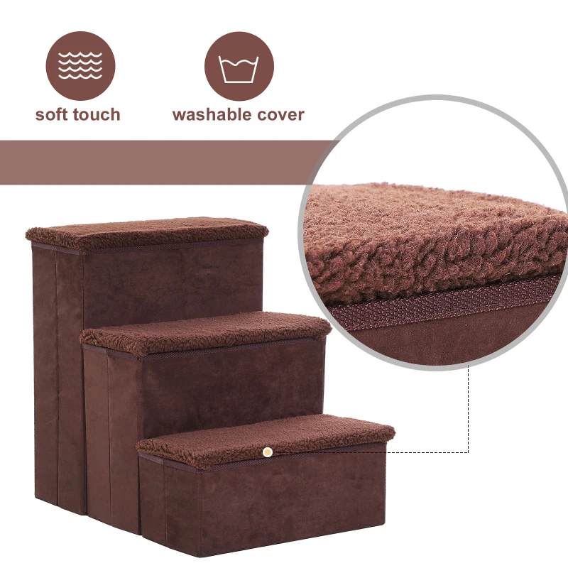 PawHut Foldable Pet Stairs, 3 Step Portable Dog Cat Ladders with Washable Fleece Faux Suede Cover, for Mobility Assistance Brown