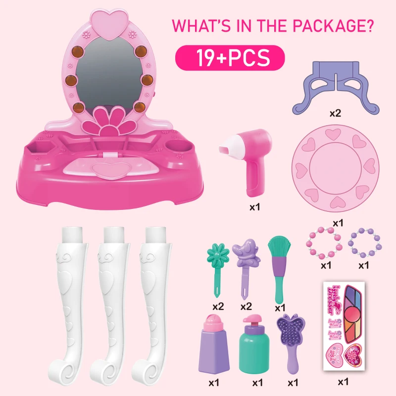 HOMCOM Kids Vanity Table Chair Set with Mirror Lights Sounds, Beauty Makeup Dressing Table Pretend Play Set for Girls 3+ Years Old