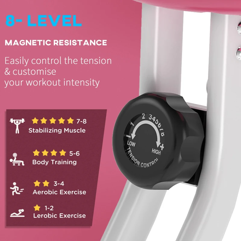 HOMCOM Exercise Bike Fitness Bicycle Indoor trainer Foldable 8-level Magnetic Resistance Adjustable w/LCD Monitor Pulse Sensor, Pink(m-7)