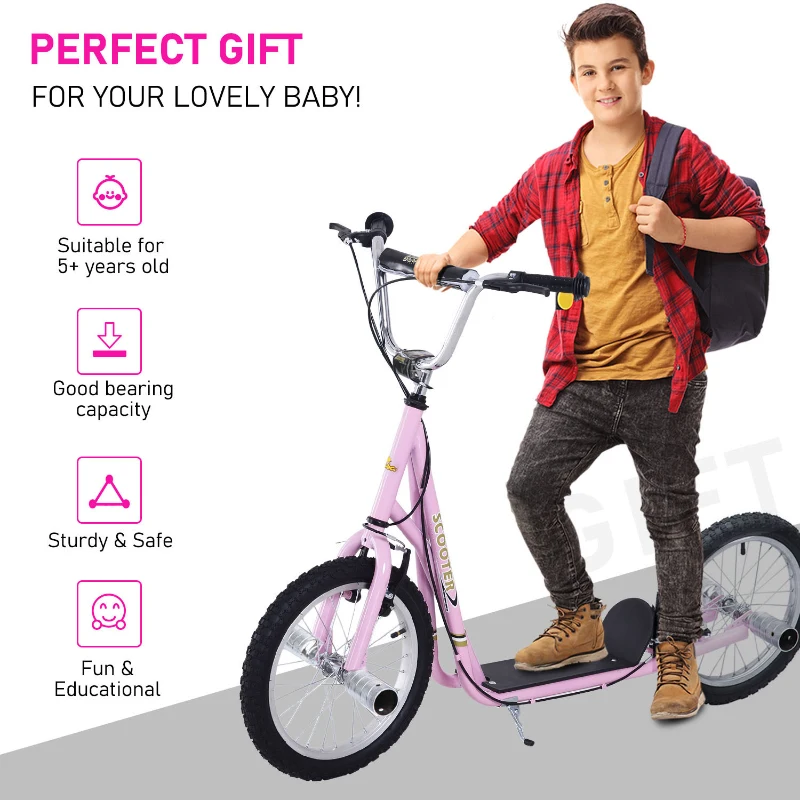 HOMCOM Big Wheel Scooter, Bicycle Scooter, for Kids, Hight Adjustable, Pneumatic 16" Tyres, Max Load 100KG,  Pink