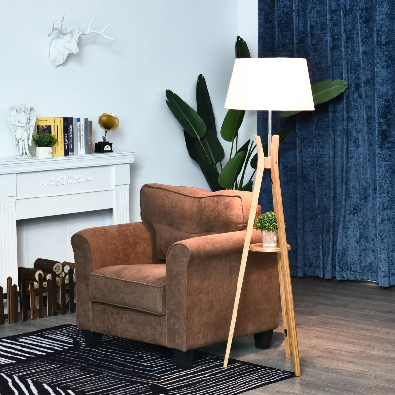 HOMCOM Natural Wooden Tripod Floor Lamp Light E27 with Base and Fabric Shade, Storage Shelf, Foot Switch, 156cm, for Bedroom Living Room, White